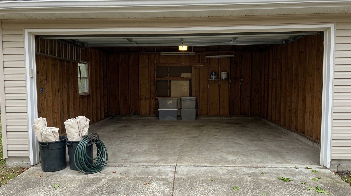 After: The same garage emptied and swept, with a few totes stacked on the back wall