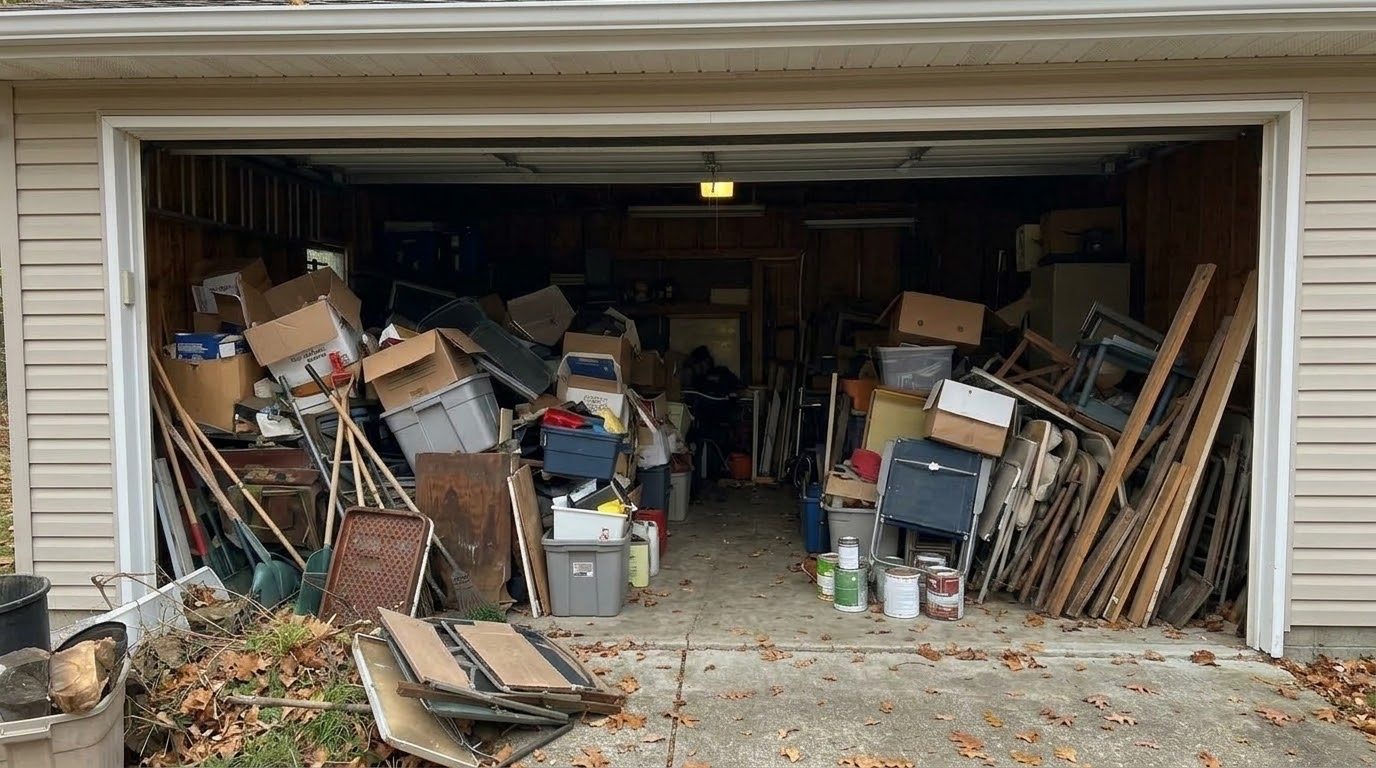 Before: Two-car garage packed with boxes, totes, paint cans, lumber and old furniture