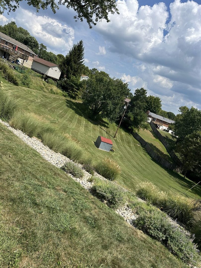Freshly mowed hillside lawn with clean stripes