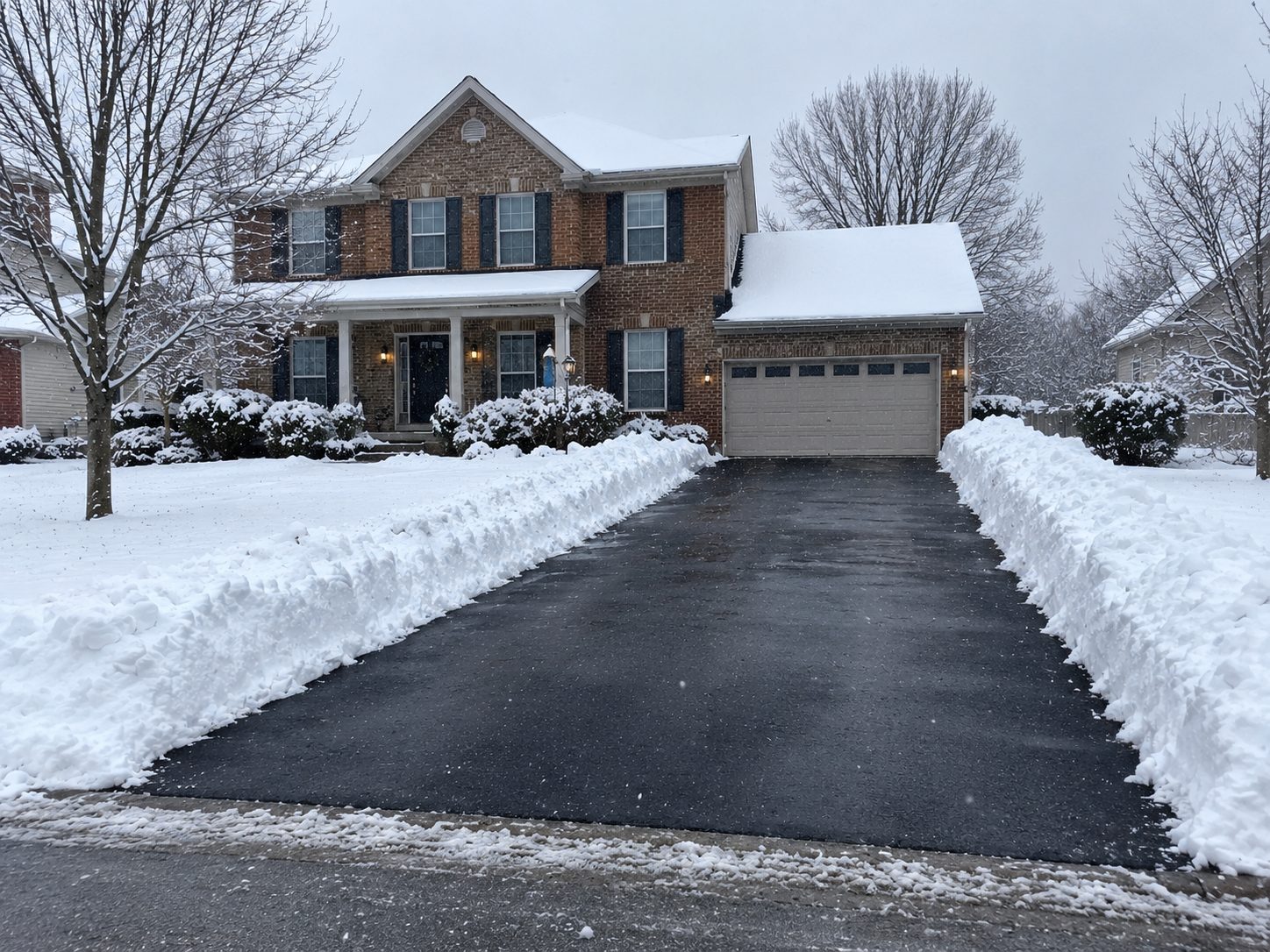 Freshly cleared driveway in front of a brick house, with snow piled neatly along both sides