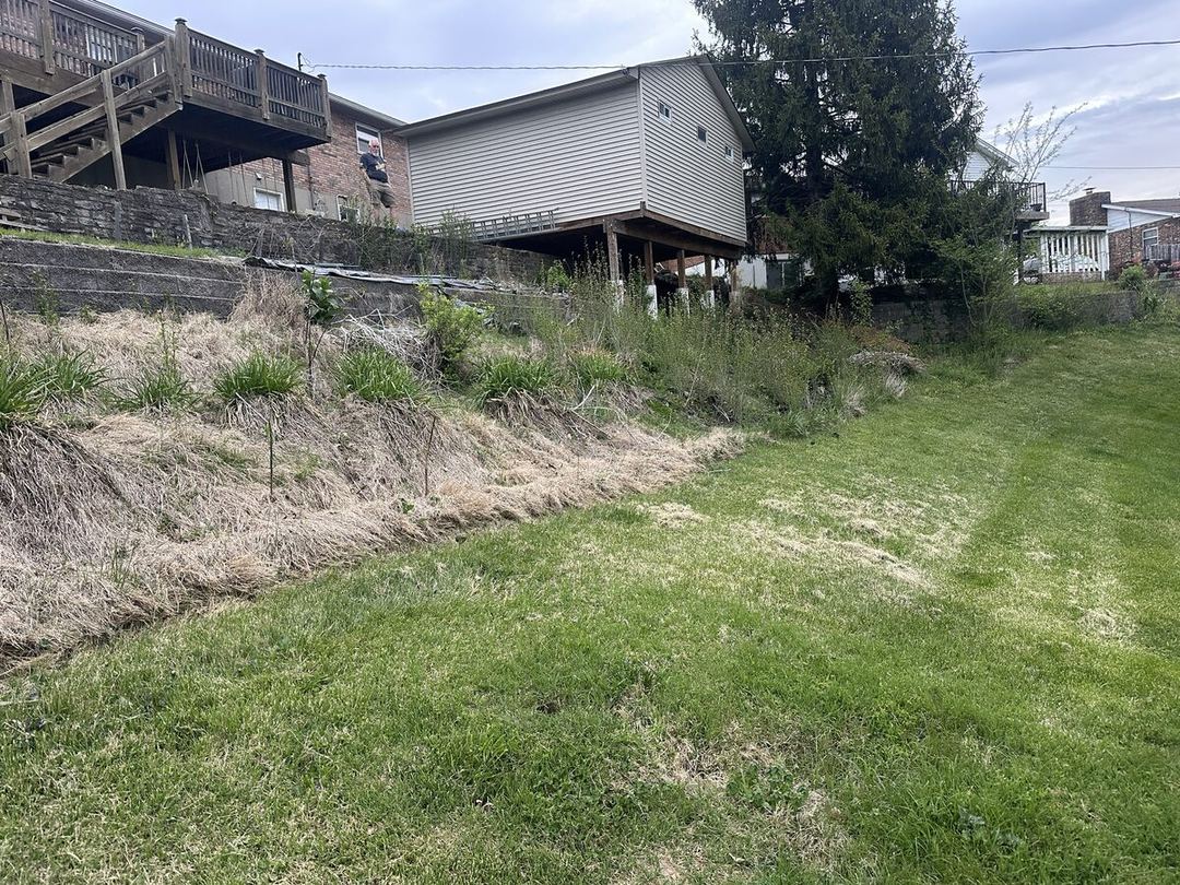 Before: weedy, overgrown slope along a block retaining wall